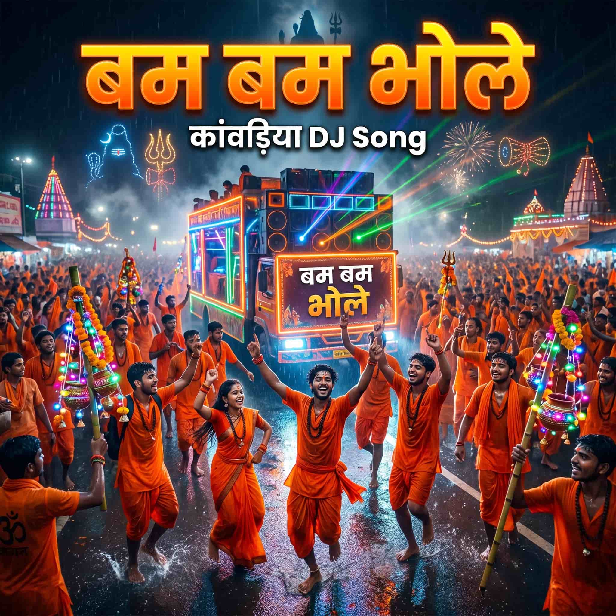 Bam Bam Bhole Kanwariya DJ Song poster featuring Lord Shiva, Kanwariyas and devotional DJ celebration