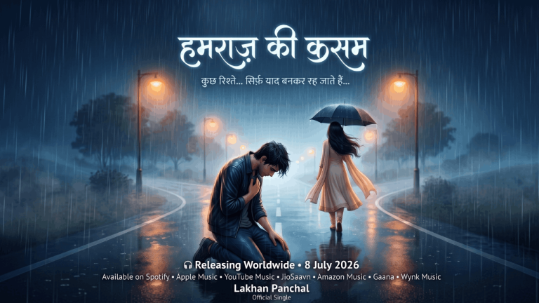 Humraaj Ki Kasam by Lakhan Panchal official poster featuring a heartbroken young man standing alone on a rainy road while a woman walks away in the distance.