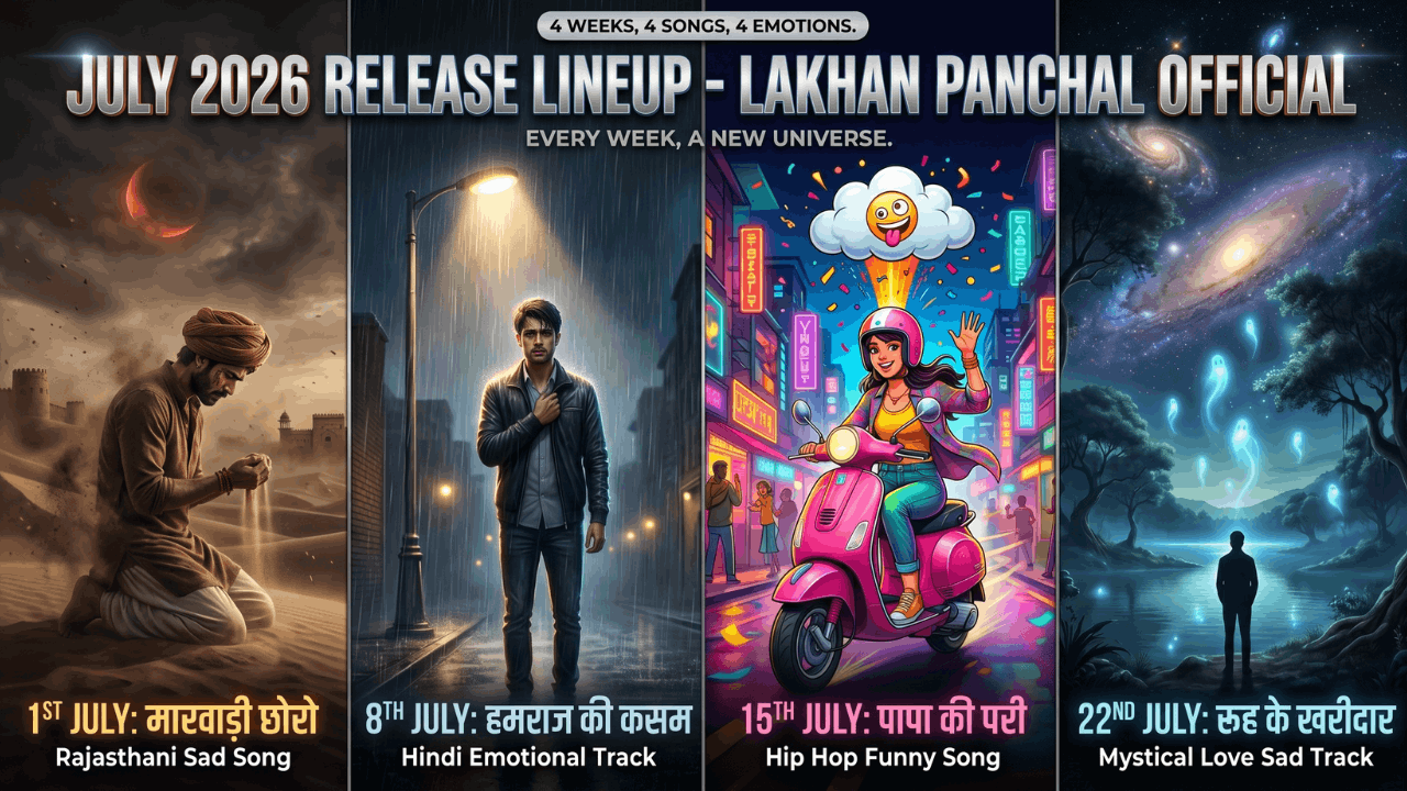 Lakhan Panchal Official July 2026 new song release schedule poster showcasing Marwari Chhoro and Papa ki Pari