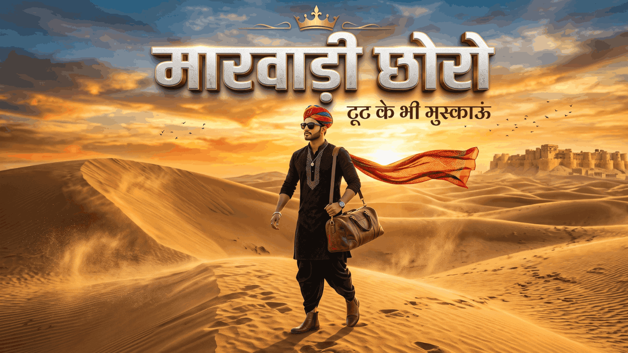 Marwadi Choro (Tut Ke Bhi Muskau) Rajasthani Folk Song का सिनेमैटिक पोस्टर, जिसमें राजस्थान के रेगिस्तान में एक मारवाड़ी युवक आत्मविश्वास के साथ खड़ा है।
