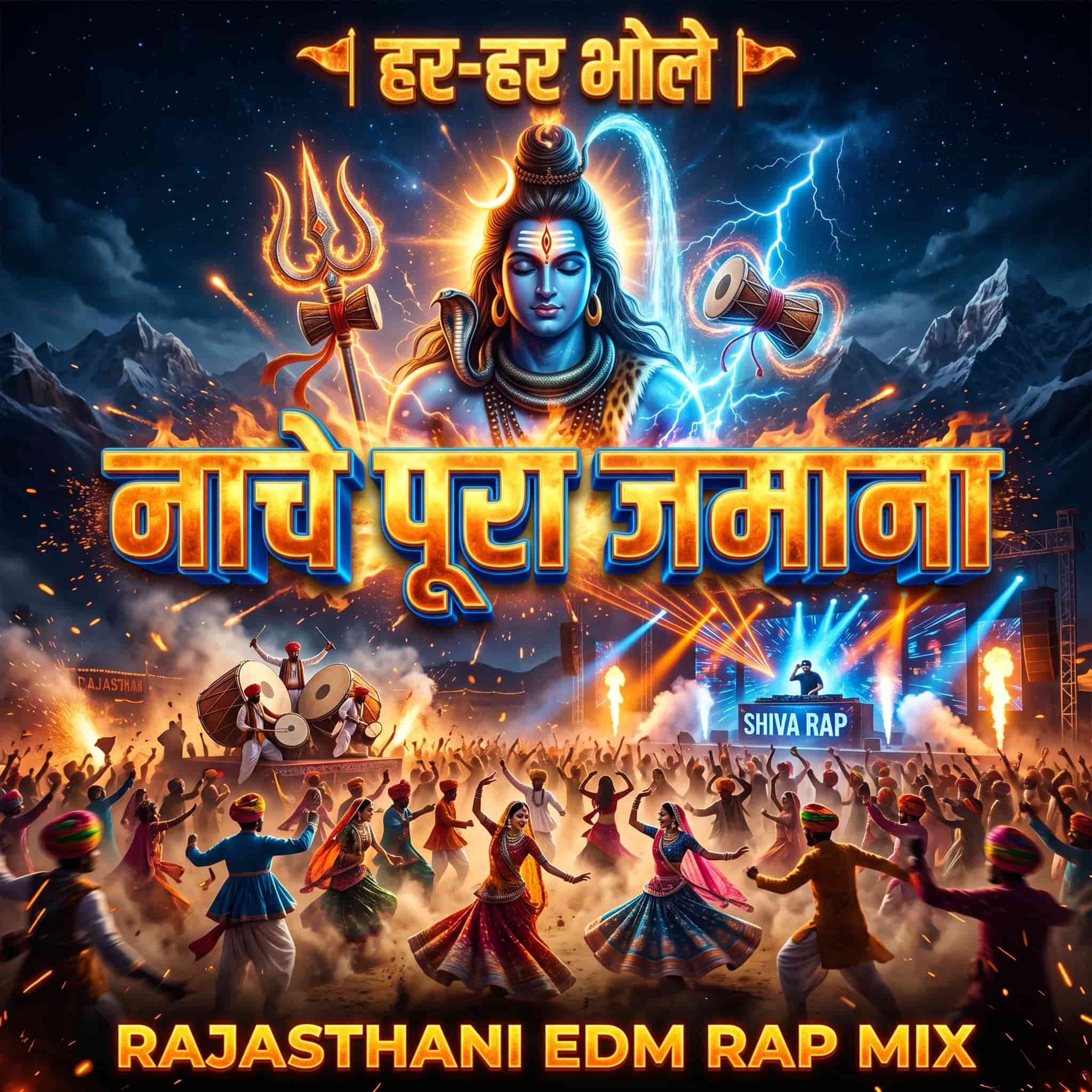 Har Har Bhole Nache Pura Jamana devotional song poster featuring Lord Shiva and dancing devotees