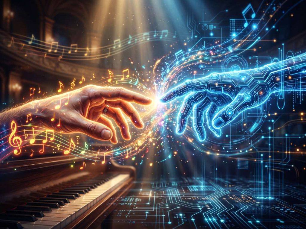 AI and human creativity concept art showing the fusion of imagination, music and artificial intelligence.