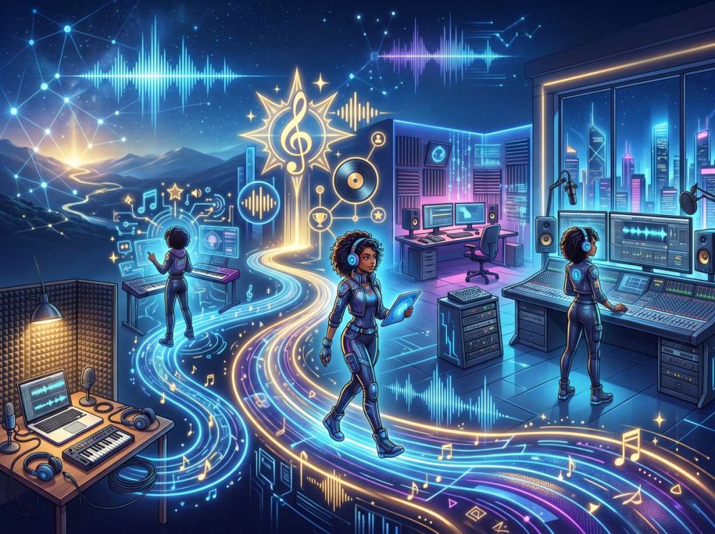 AI Music Career Roadmap showing the journey from beginner to professional music creator using AI tools.