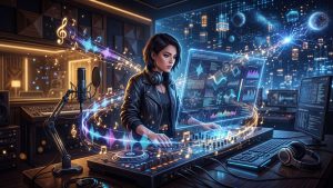 AI Music से पैसे कैसे कमाएं – 2026 Beginner to Pro Guide, AI music production studio with laptop, microphone and digital music creation setup.
