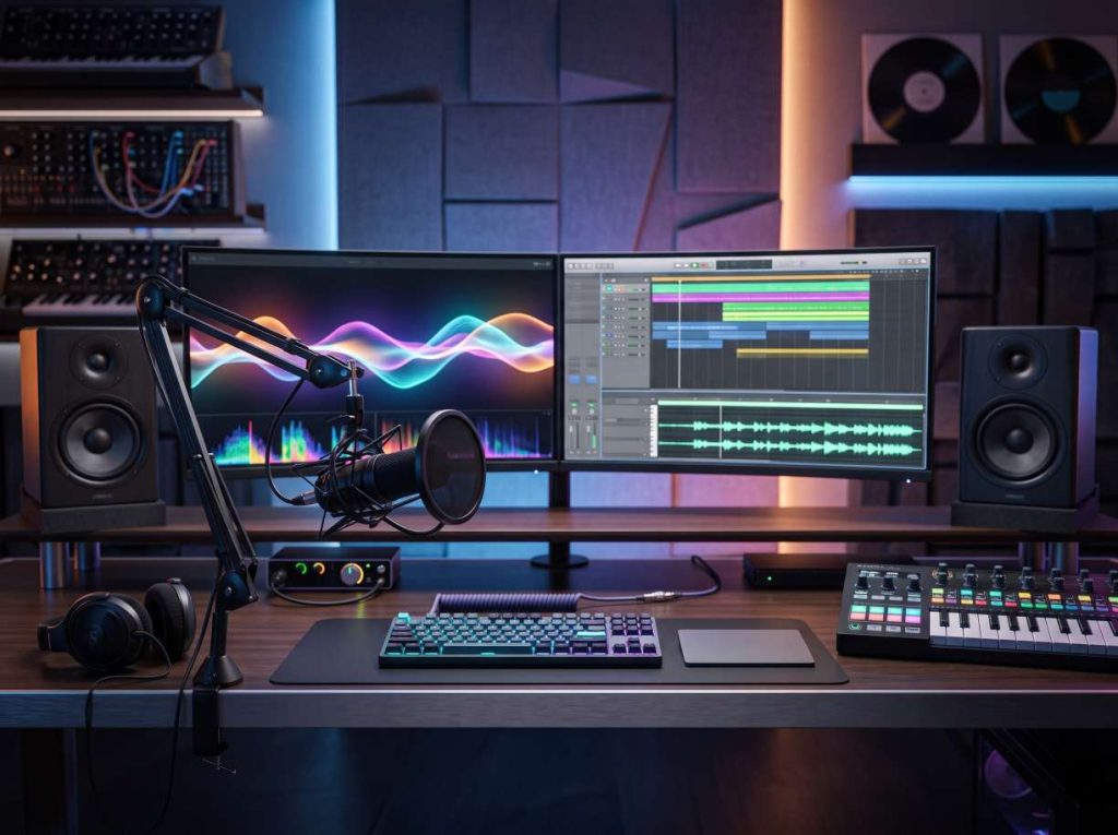 Modern digital music production workspace with laptop, MIDI keyboard, studio microphone and professional audio equipment for AI music creation.