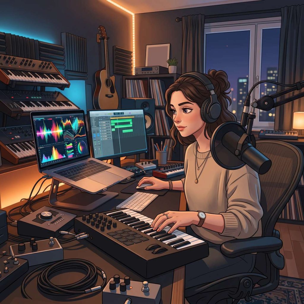AI Music Creator modern home studio में AI की मदद से original music compose करते हुए।