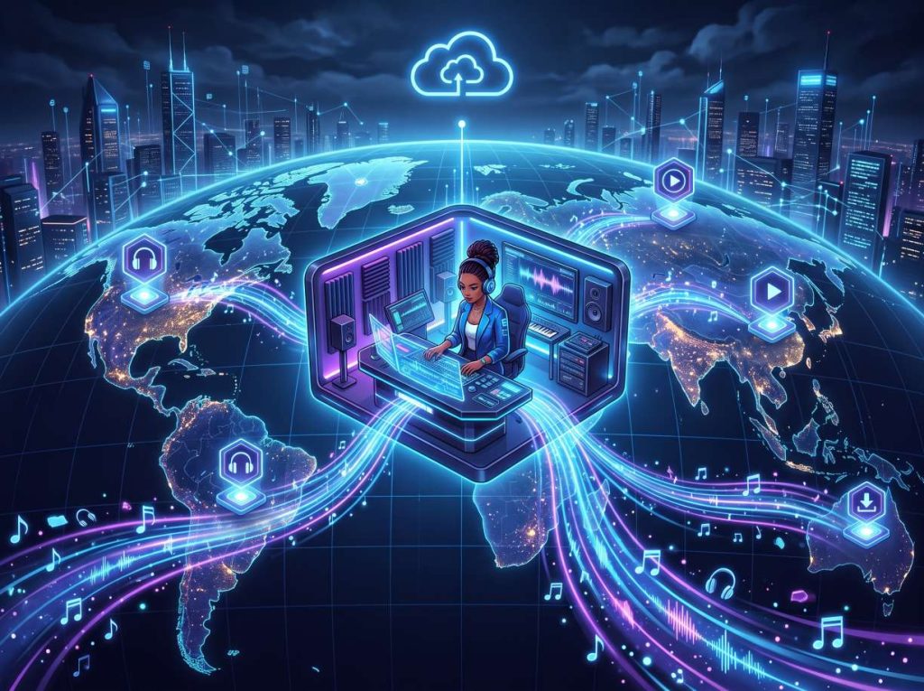 AI music distribution process showing how songs are released to streaming platforms through a music distributor.